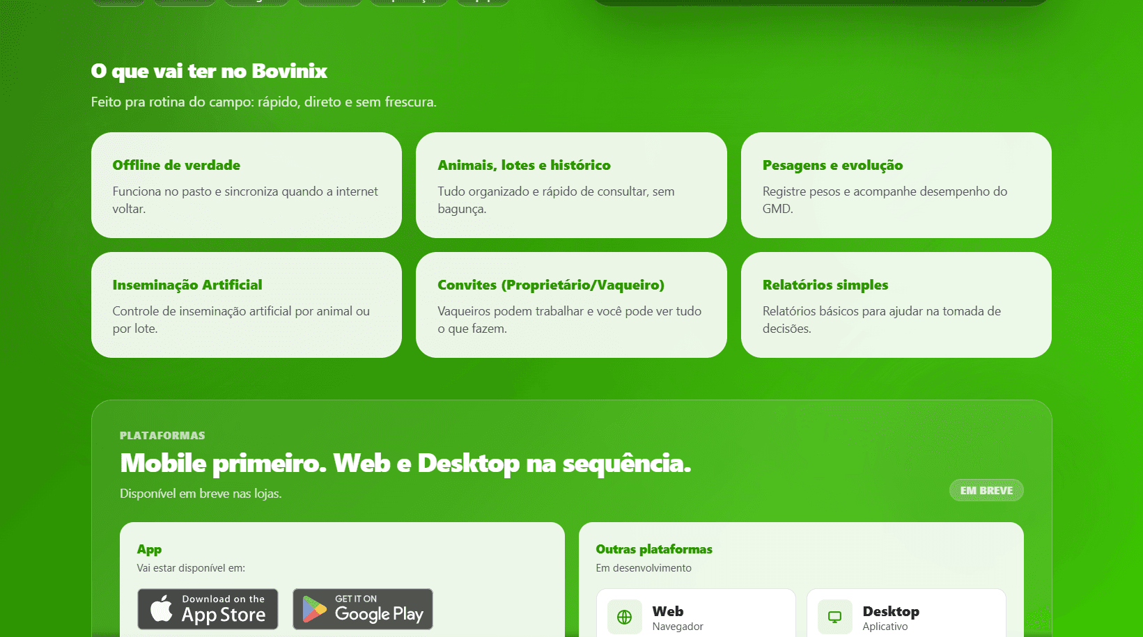 Landing page Bovinix — versão desktop (Seções)