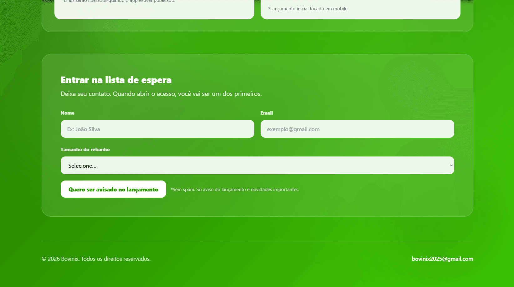 Landing page Bovinix — versão desktop (CTA/Contato)